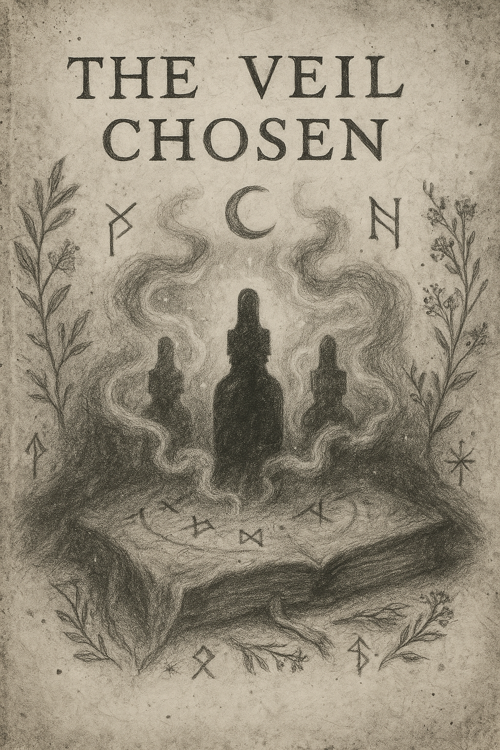 Book cover of 'The Veil Chosen' with dark bottles and runes on a textured background