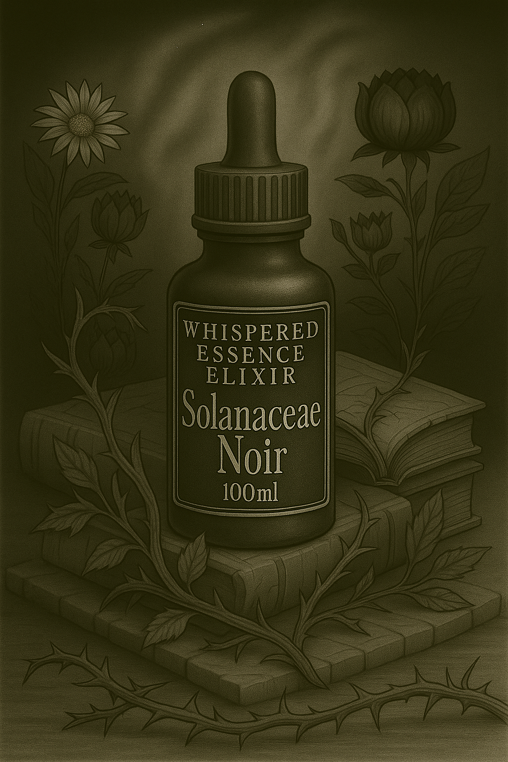 Bottle of 'Whispered Essence Elixir Solanaceae Noir' on books with floral and leafy background