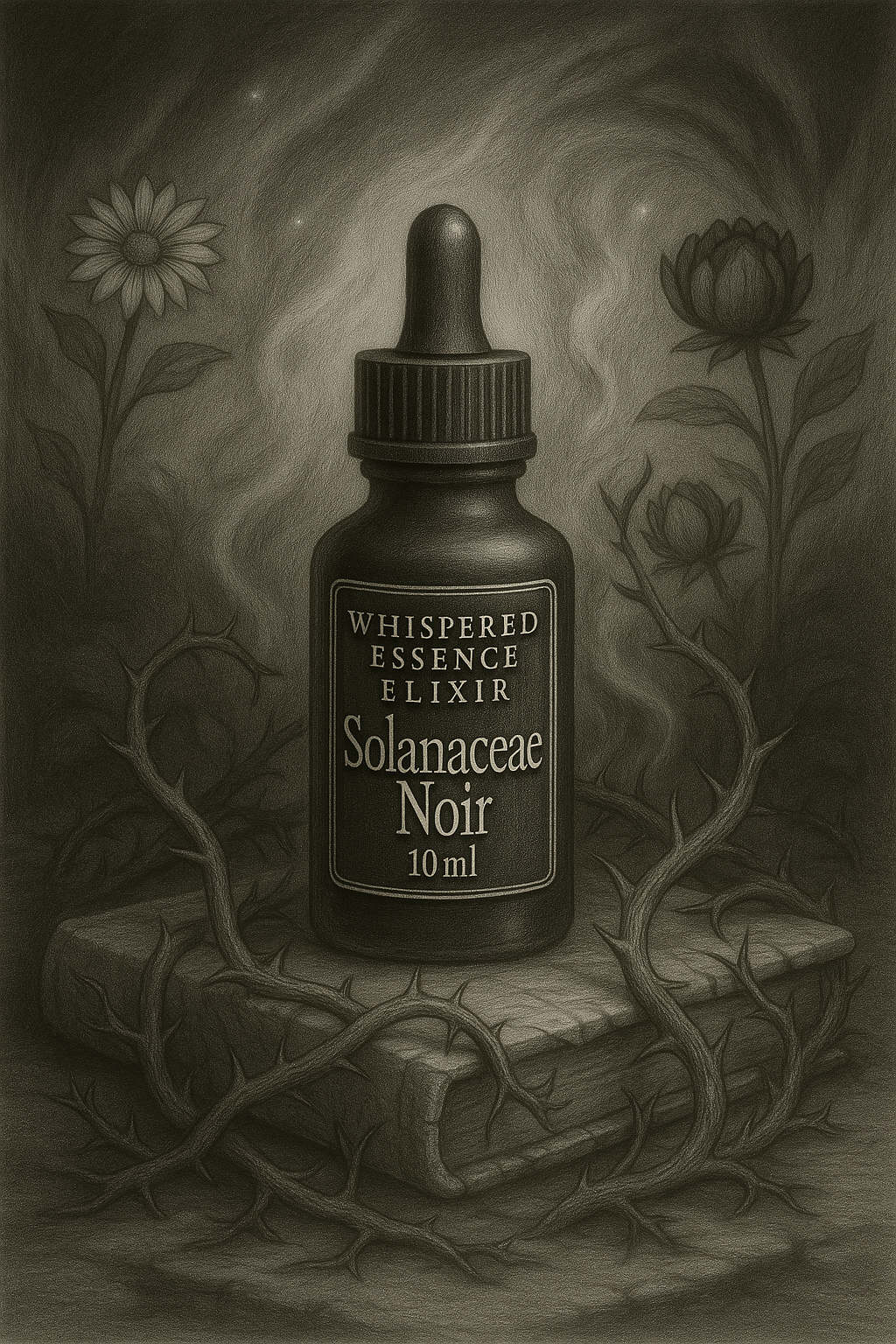 Dark bottle labeled 'Whispered Essence Elixir Solanaceae Noir' with flowers and roots in the background