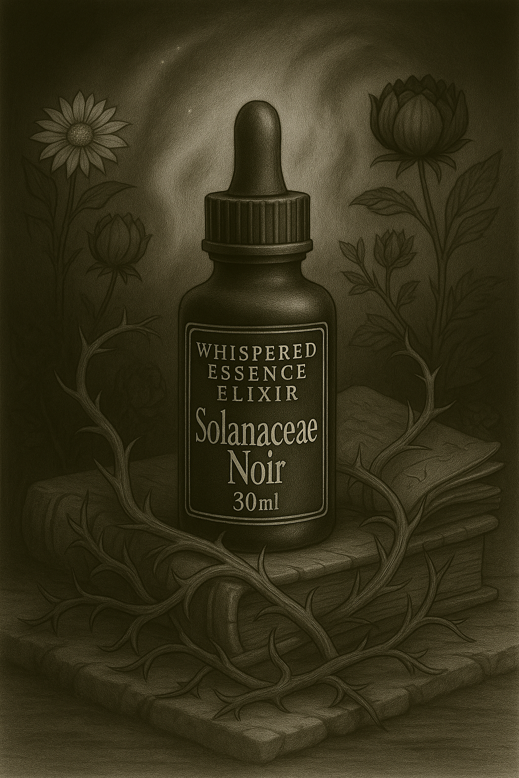 Dark bottle labeled 'Whispered Essence Elixir Solanaceae Noir' surrounded by plants on a textured surface.