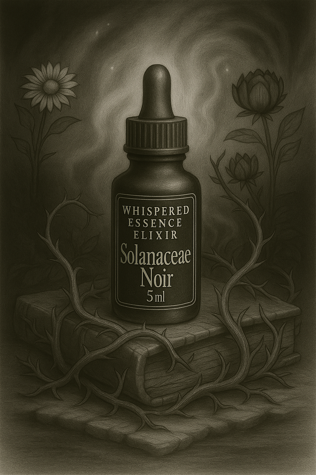 Bottle labeled 'Whispered Essence Elixir Solanaceae Noir' surrounded by plants on a dark background