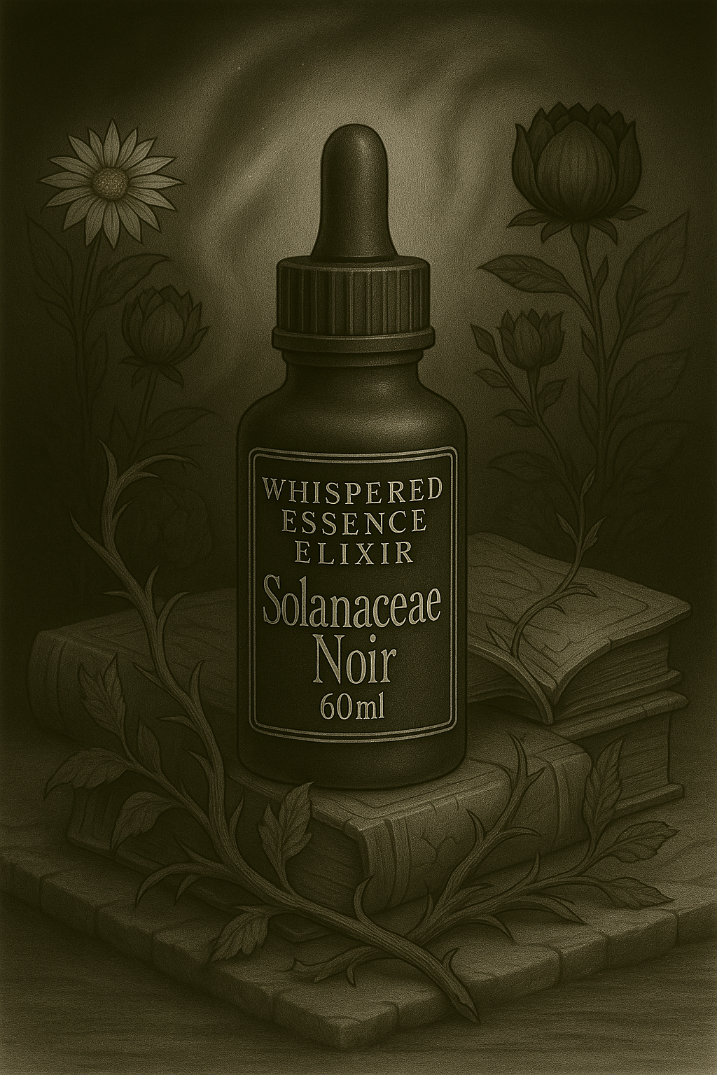 Bottle of 'Whispered Essence Elixir Solanaceae Noir' on a stack of books with flowers in the background