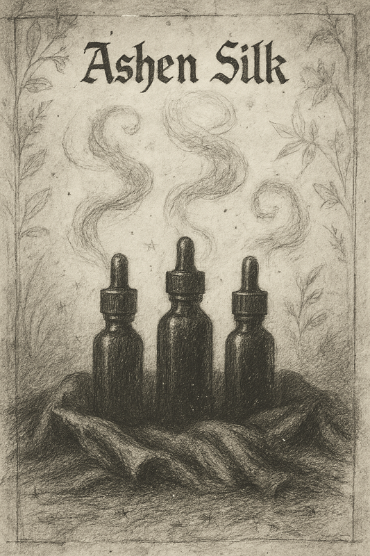 Three dark bottles with droppers on a textured surface, surrounded by decorative elements and the text 'Ashen Silk'.