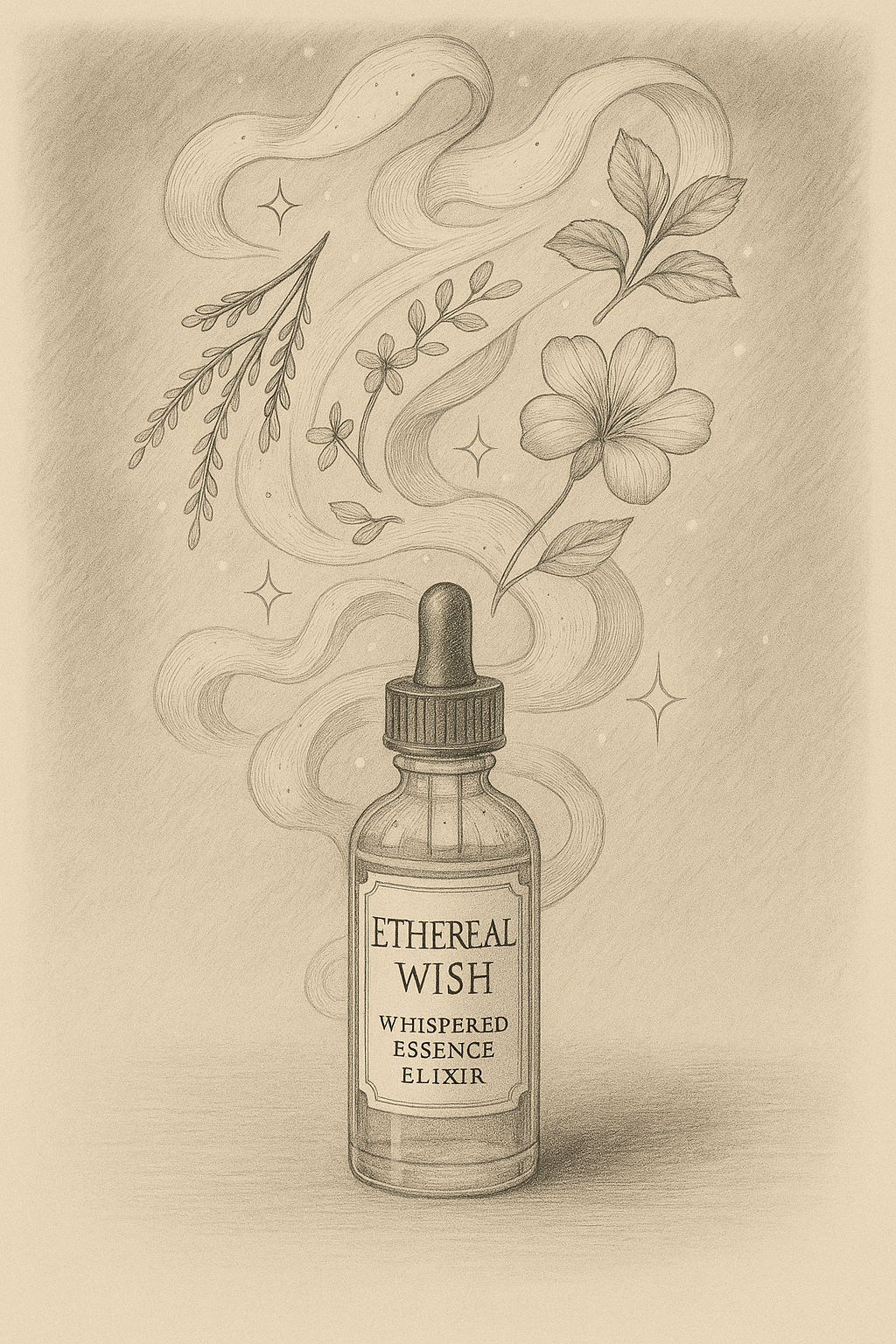 Illustration of a bottle labeled 'Ethereal Wish' with floral elements on a beige background