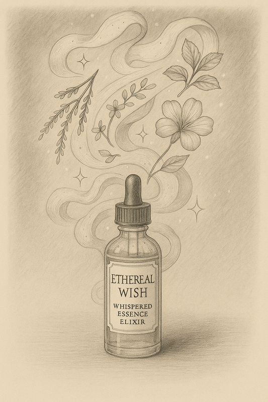 Illustration of a bottle labeled 'Ethereal Wish' with floral elements on a beige background
