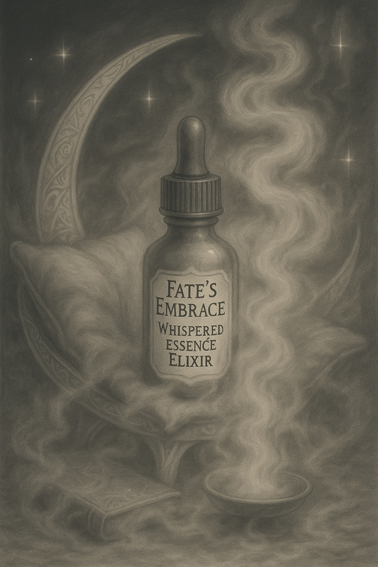 Bottle labeled 'Fate's Embrace Whispered Essence Elixir' with a crescent moon and stars in the background