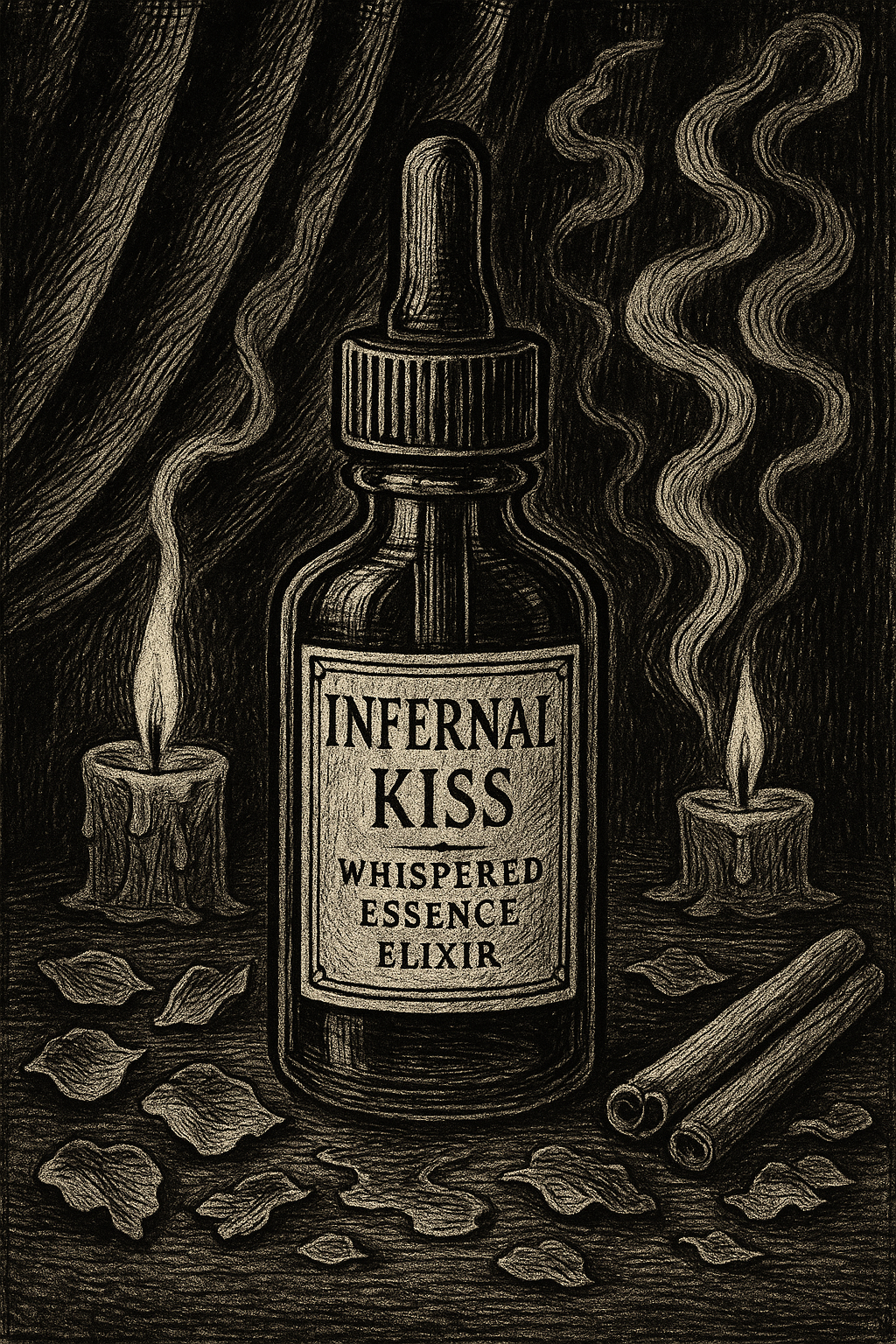 Bottle labeled 'Infernal Kiss' with candles and leaves on a dark background