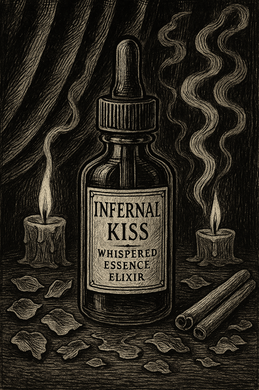 Bottle labeled 'Infernal Kiss' with candles and leaves on a dark background