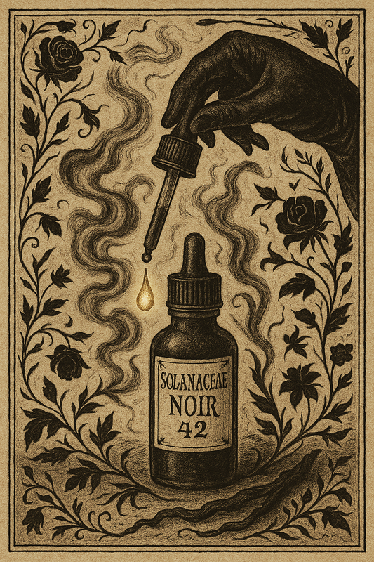 Illustration of a hand holding a dropper over a bottle labeled 'Solanaceae Noir 42' with floral and leaf patterns.
