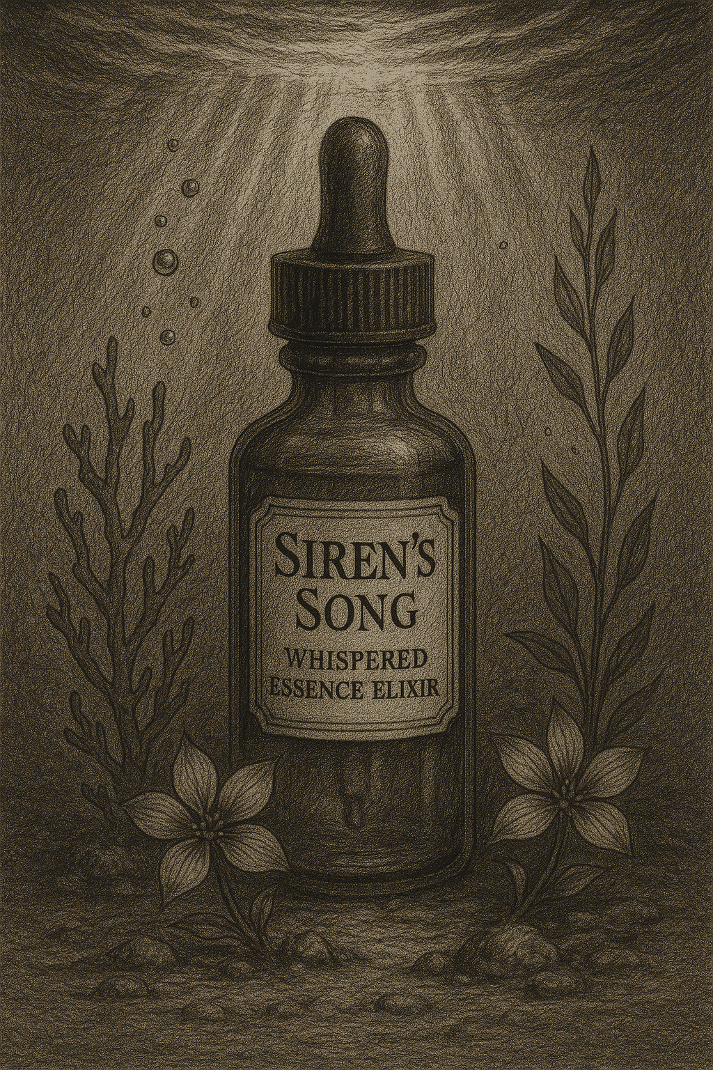 Illustration of a bottle labeled 'Siren's Song' with plants around it.