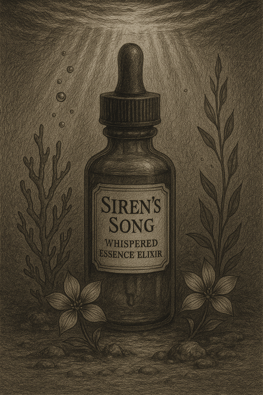 Illustration of a bottle labeled 'Siren's Song' with plants around it.