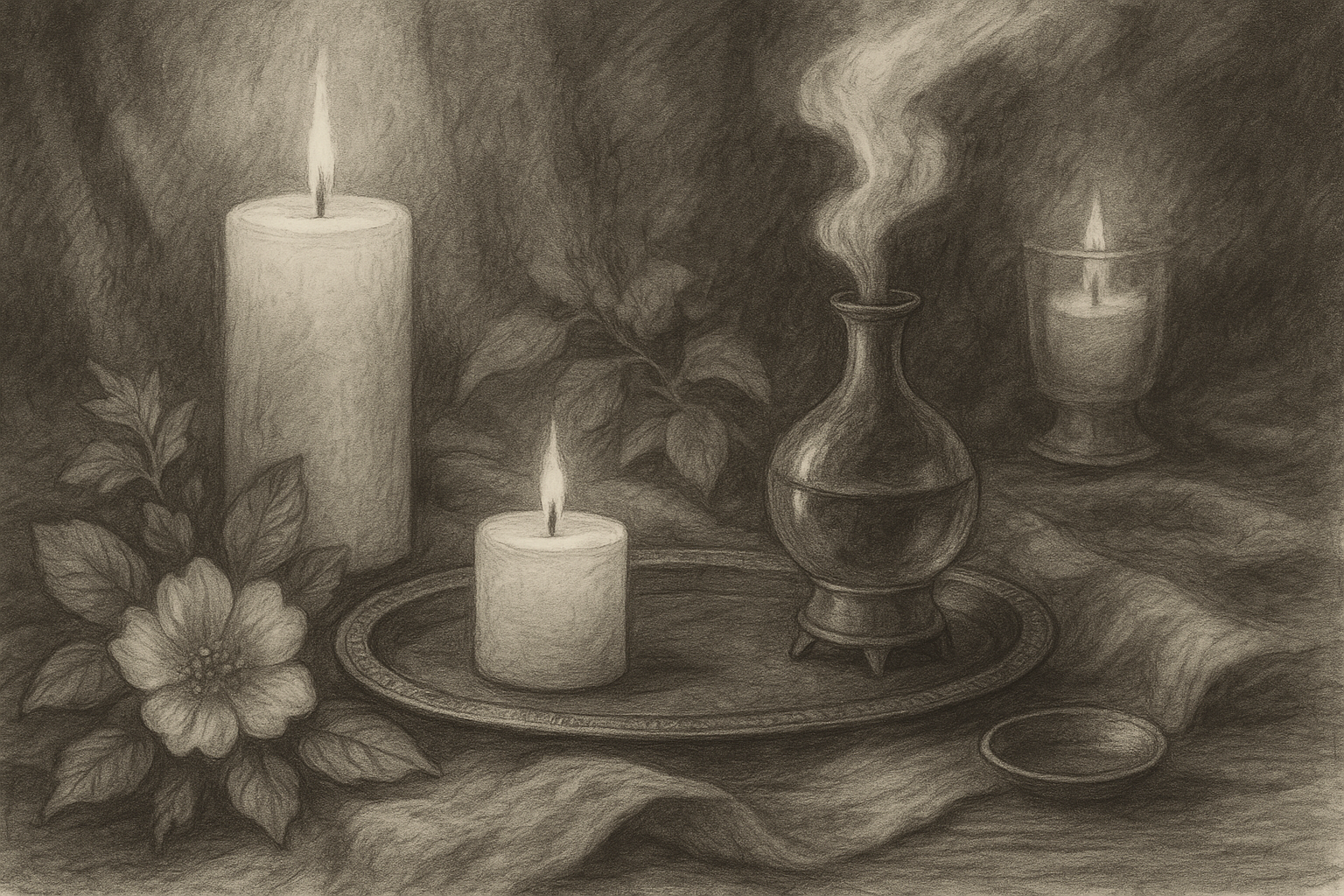 Pencil drawing of candles, a vase, and flowers on a textured surface