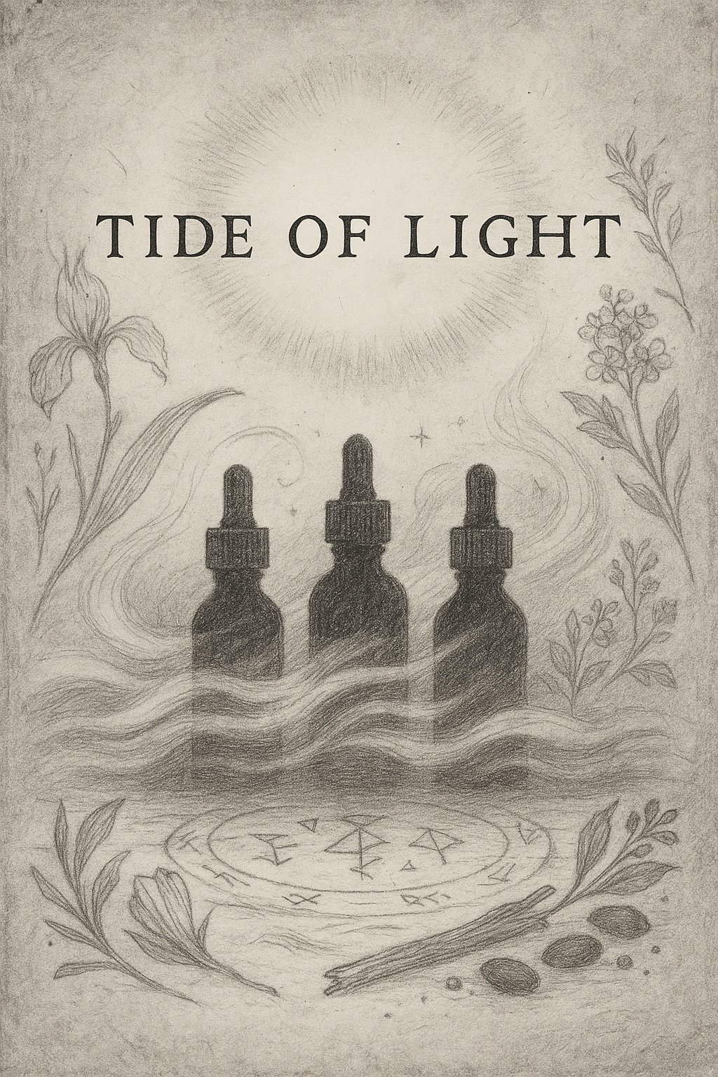 Three dropper bottles on water with floral and natural elements, titled 'Tide of Light'.