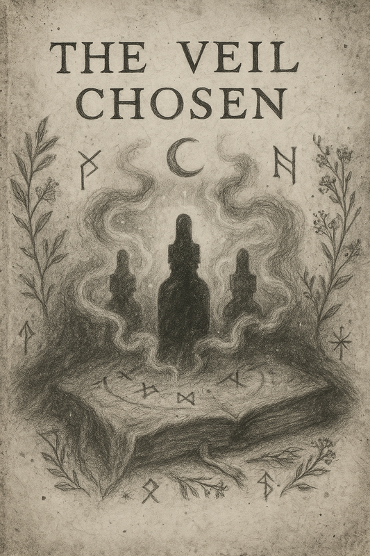 Book cover of 'The Veil Chosen' with dark bottles and runes on a textured background